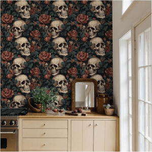 Removable Peel and Stick Boho Wallpaper with Sugar Skull Floral Design